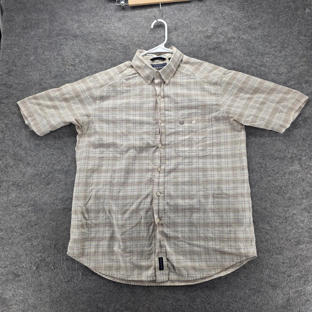 Rough Stock Shirt Mens L Beige Plaid Short Sleeve Button Up Regular Fit Cotton